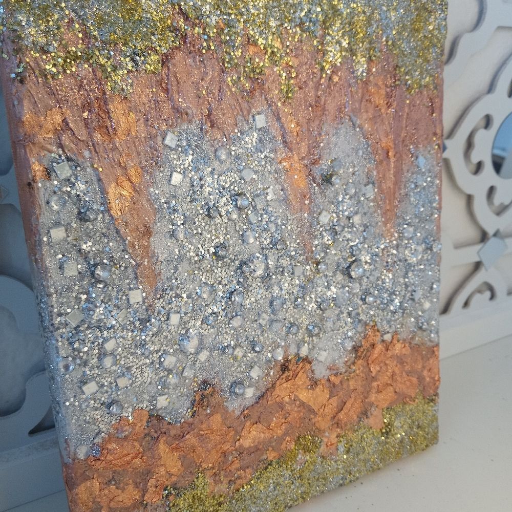 Original Glittery Gold, Silver and Rose Gold Abstract Acrylic Painting